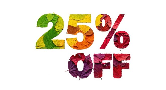 25 off sale discount text made of colorful autumn leaves isolated on white background - Powered by Adobe