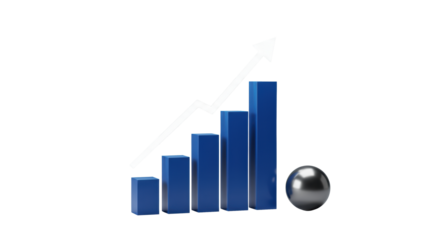 Sleek 3D volumetric deep blue bar graph with upward trend and luminous white arrow, polished abstract metallic sphere, on transparent background. Concept of financial growth