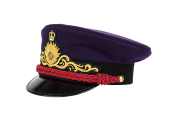 Isolated purple uniform peaked cap of army or navy officer, gold insignia, red rope detail