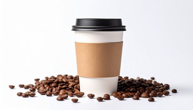 Coffee Cup Mockup with Coffee Beans on White Background