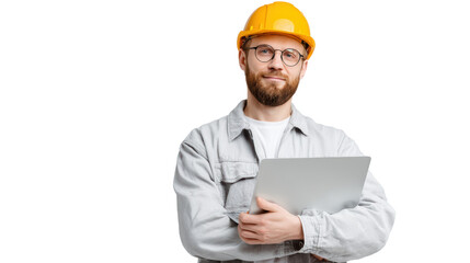 Construction worker in yellow hard hat, holding laptop, isolated on white background.
