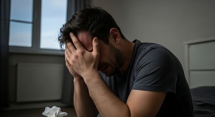 Obraz premium Man sitting on bed, head in hands, feeling despair.