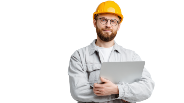 Construction worker in yellow hard hat, holding laptop, isolated on white background.