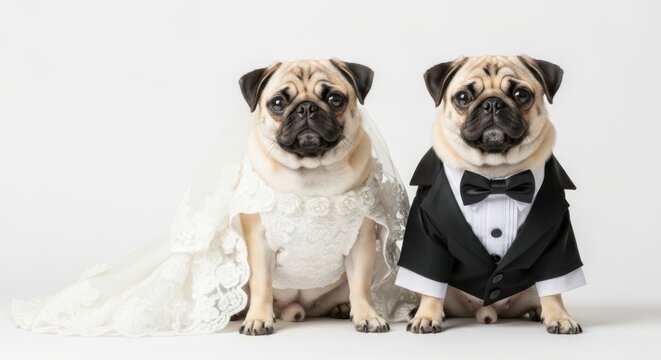 Two pugs dressed as bride and groom isolated on white background
