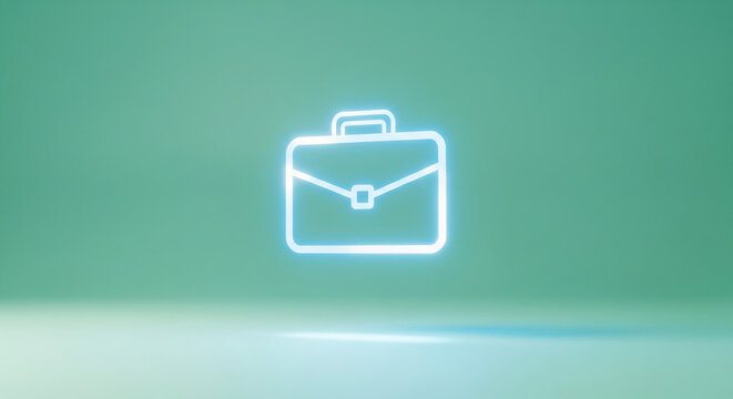A glowing neon briefcase icon symbolizing modern business, corporate careers, and digital finance on a minimalist green background. 3D render