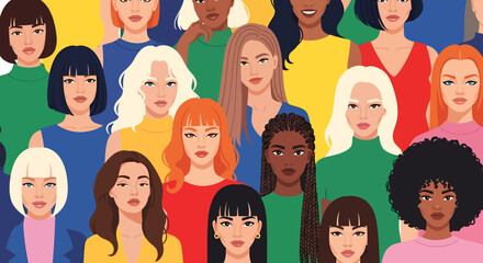 Diverse group of women with various skin tones hairstyles and colorful clothing.
