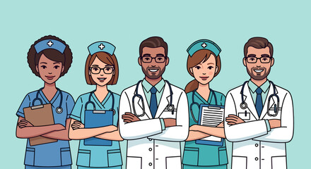Diverse Medical Team Smiling Doctors and Nurses with Clipboards and Stethoscopes.