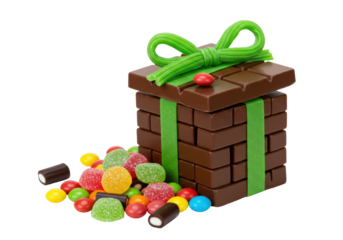 Isolated chocolate brick box wrapped with licorice candy ribbon and assorted candies