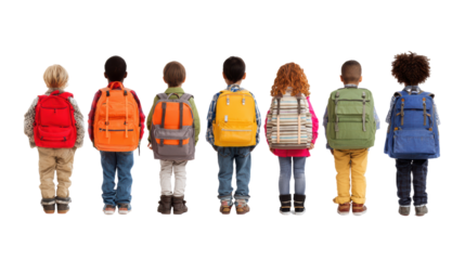 Diverse group of children with backpacks standing in a row, isolated on a white background.