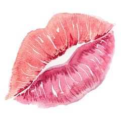 Watercolor kiss print pink red isolated on a transparent background lips