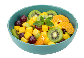 Isolated bowl of fruit salad with mango, kiwi, oranges and grapes, topped with mint sprig