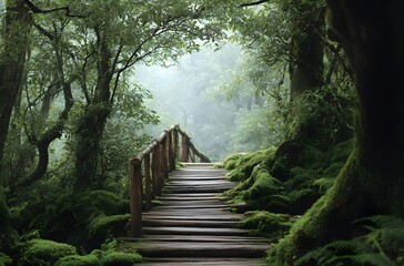 Obraz premium wooden bridge in the jungle, covered with moss and ferns