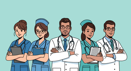 Diverse team of doctors and nurses with stethoscopes and clipboards arms crossed.