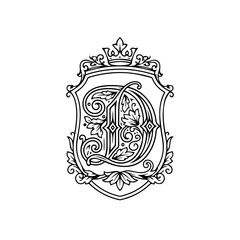 Intricate black line art letter D monogram, ornate shield, crown, and elegant floral flourishes.