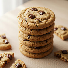 Stack of gluten-free chocolate chip peanut butter cookies on rustic wooden board, homemade dessert, top view flat lay

