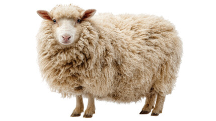 Fototapeta premium Fluffy sheep standing on white isolated background, showcasing its woolly coat and friendly demeanor.
