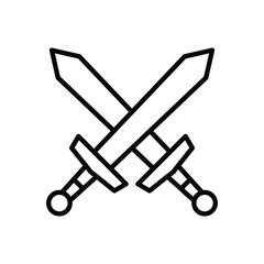 Two crossed swords in outline with distinctive blade and hilt design creating a symmetrical stylized symbol. Line icon. Editable stroke