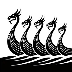 Stylized Dragon-Headed Viking Ships; Dark, Mystical, Graphic Art Illustration