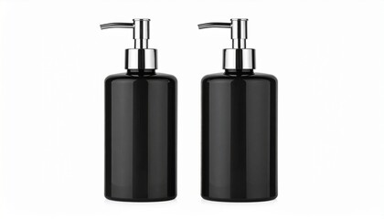 Obraz premium Two identical matte black pump bottles with metallic silver dispensers stand side by side on a white backdrop—evoking minimalism, modern care, and the sculptural elegance of personal rituals.