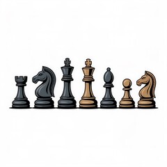 Chess Piece Set Displaying Rook Knight King Bishop and Pawn Composition On White Surface With Intricate Designs