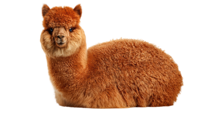 Friendly brown alpaca resting on a white background, showcasing its soft fur and charming expression.