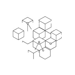 Fototapeta premium Minimalist abstract geometric structure with interconnected cubes, hexagons, and nodes, rendered in clean black line art.