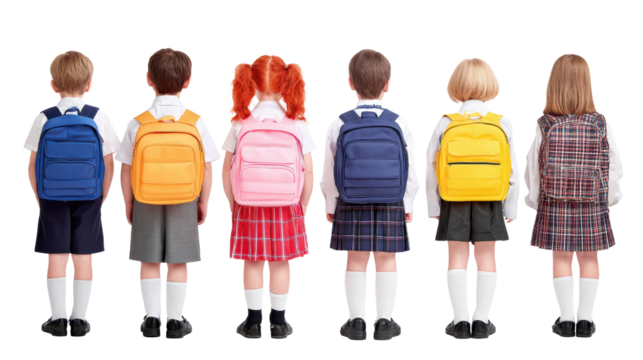 Group of children with backpacks, standing together from behind, isolated on a white background.