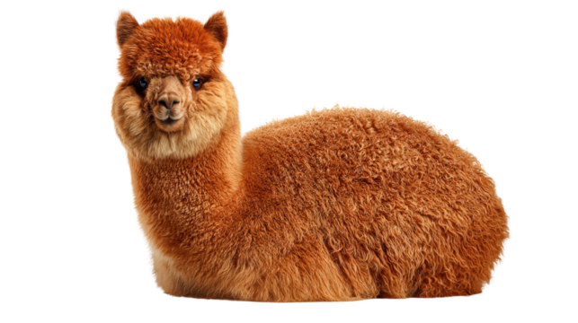 Friendly brown alpaca resting on a white background, showcasing its soft fur and charming expression.