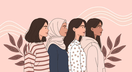 Diverse Women in Profile Striped Sweater Hijab Floral Shirt and Hoodie.