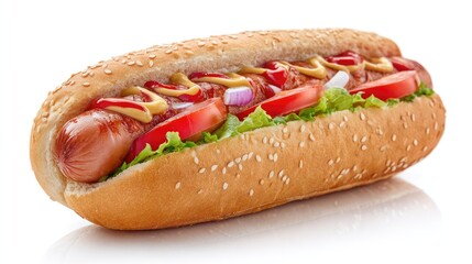 Hot dog with mustard and lettuce on a white background