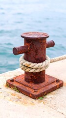 Rusty mooring bollard with rope