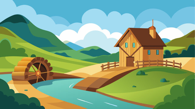 A tranquil watermill beside a narrow rustic bridge its oldworld charm enhanced by the backdrop of rolling fields and distant hills.