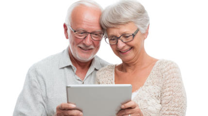 Happy seniors enjoying time together while using a tablet, smiling and sharing a joyful moment.