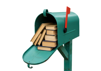 Isolated mailbox filled with books conveys information, education, mail, learning concept