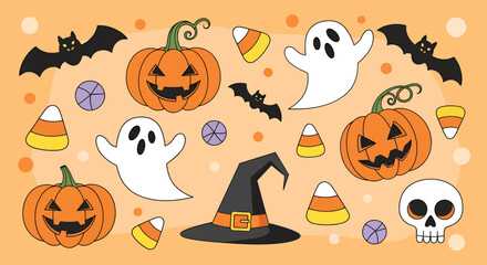 Halloween Cartoon Icons Pumpkins Ghosts Bats Candy Corn Skull and Witch Hat.