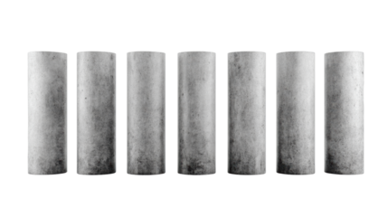 Industrial concrete columns in a row, isolated on white background.