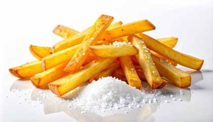 A small pile of golden-brown French fries rests on a white surface&mdash;crispy, freshly cooked, and lightly salted, evoking comfort, indulgence, and the tactile pleasure of casual dining.
