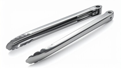 A pair of stainless steel kitchen tongs with scalloped edges and a locking hinge rests cleanly—evoking precision, utility, and the tactile rhythm of food preparation and control.