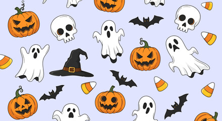 Halloween Pattern with Jackolanterns Ghosts Bats Skulls Witch Hat and Candy Corn.