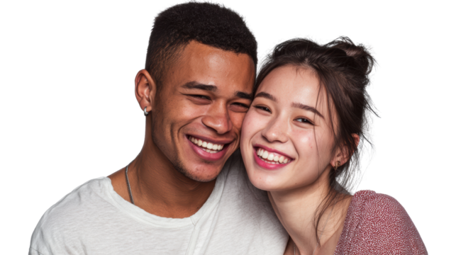 Happy couple smiling, showcasing joy and connection, white isolate background.