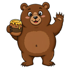Fototapeta premium Cute Cartoon Brown Bear Waving and Holding a Pot of Honey Illustration with Transparent Background