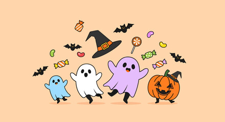 Playful Halloween Cartoon Ghosts Bats Pumpkin Candy and Witch Hat.