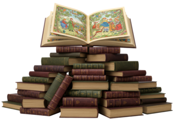Isolated open illustrated book atop pile of antique hardcover volumes for literature fans
