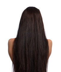 Woman with damaged hair before lamination procedure on white background, back view