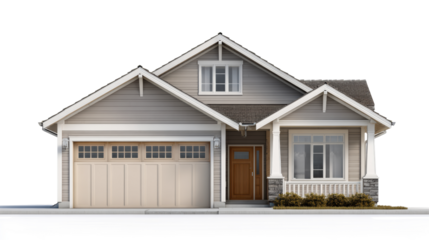 Modern suburban house design with garage, front porch, and landscaped yard, white isolate background.