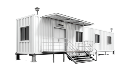 Modern white modular building with flat roof and stairs.