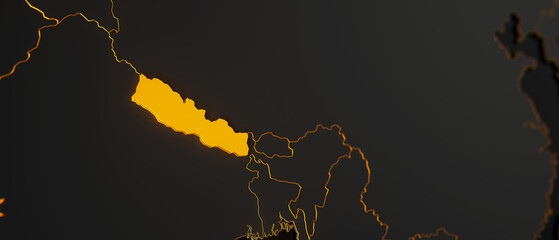 Golden Nepal 3d map surrounded with other countries in black with golden borders and shallow dof. Asia political map with borders