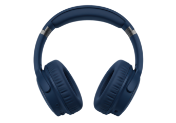 Isolated dark blue over-ear wireless headphones with silver accents for listening to audio