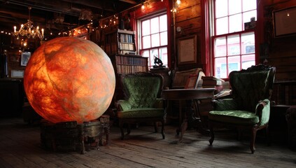 Obraz premium A large, luminous globe fixture stands in a dimly lit room filled with antique furniture and bookshelves.