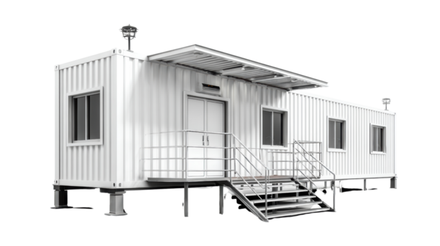 Modern white modular building with flat roof and stairs.